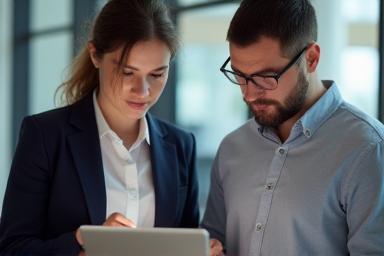 Two people reviewing performance metrics